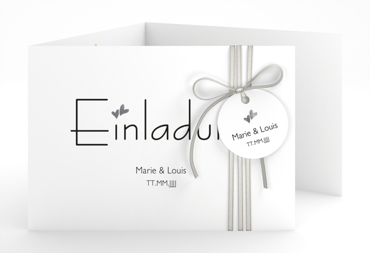 Hochzeitseinladung Twohearts A6 Doppel-Klappkarte beige silber