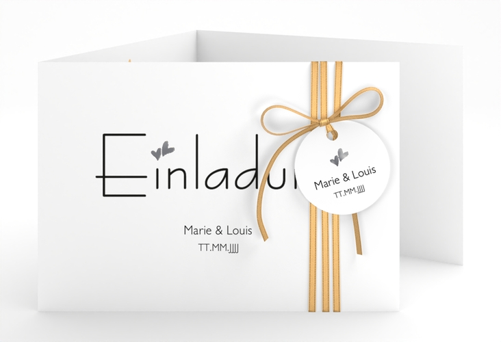 Hochzeitseinladung Twohearts A6 Doppel-Klappkarte beige silber