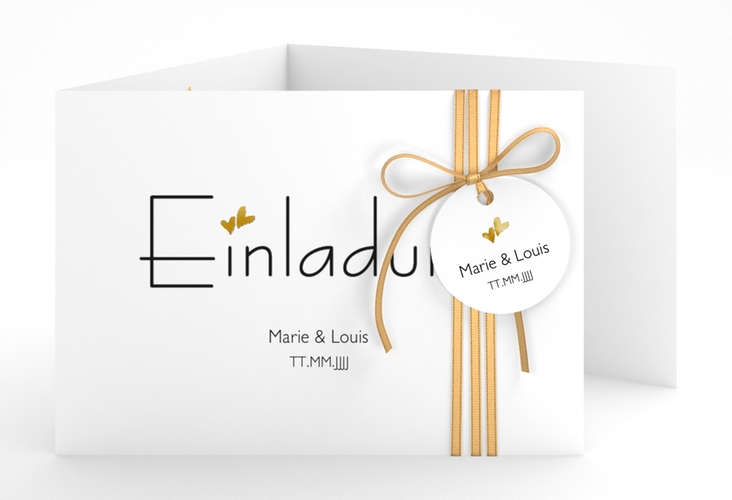 Hochzeitseinladung Twohearts A6 Doppel-Klappkarte beige gold