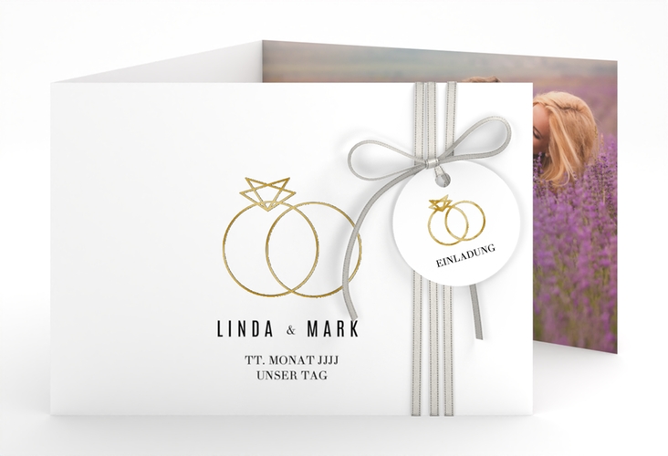 Hochzeitseinladung Rings A6 Doppel-Klappkarte weiss gold