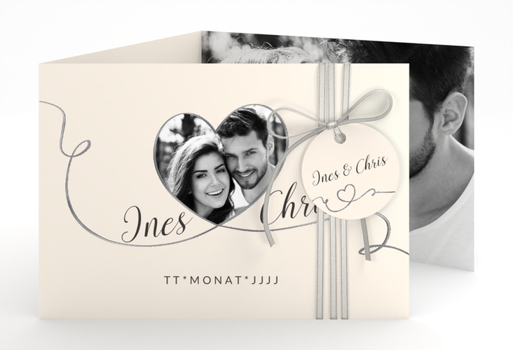 Hochzeitseinladung Dolce A6 Doppel-Klappkarte beige silber
