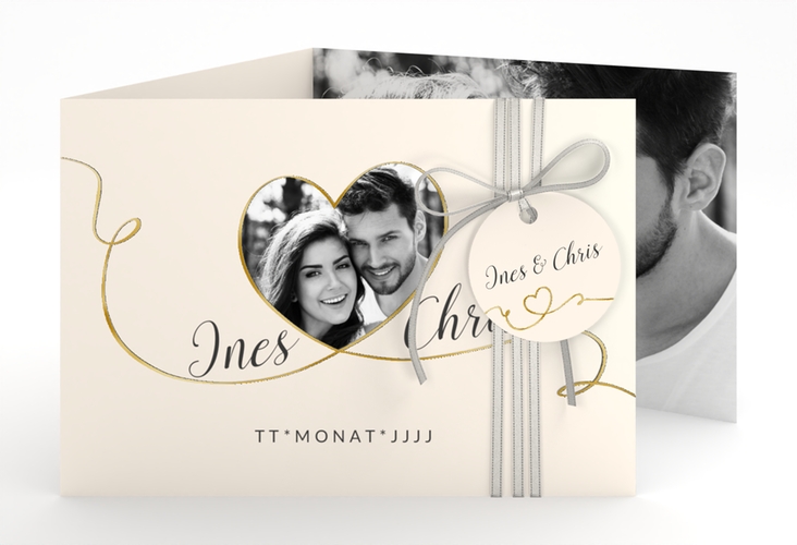 Hochzeitseinladung Dolce A6 Doppel-Klappkarte beige gold
