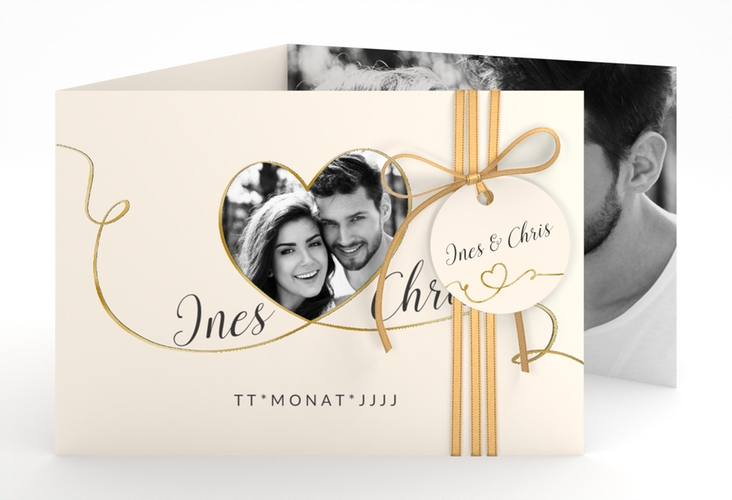 Hochzeitseinladung Dolce A6 Doppel-Klappkarte beige gold
