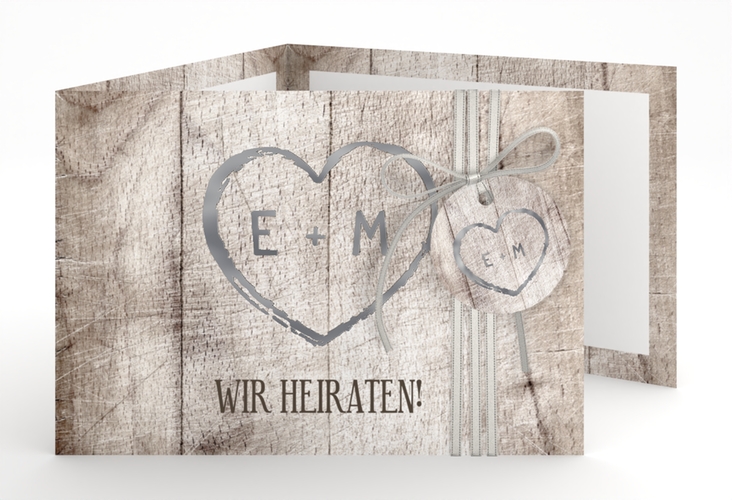Hochzeitseinladung Wood A6 Doppel-Klappkarte weiss silber