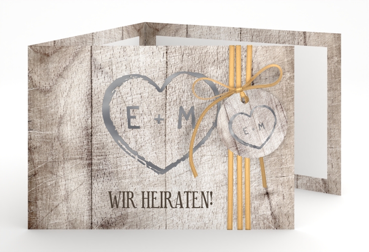 Hochzeitseinladung Wood A6 Doppel-Klappkarte weiss silber