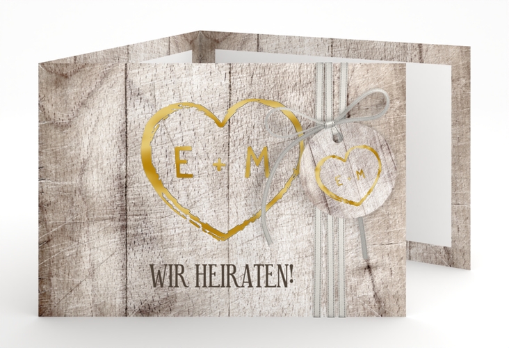 Hochzeitseinladung Wood A6 Doppel-Klappkarte weiss gold