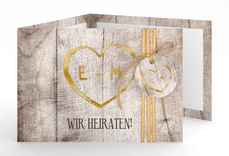 Hochzeitseinladung Wood A6 Doppel-Klappkarte weiss gold