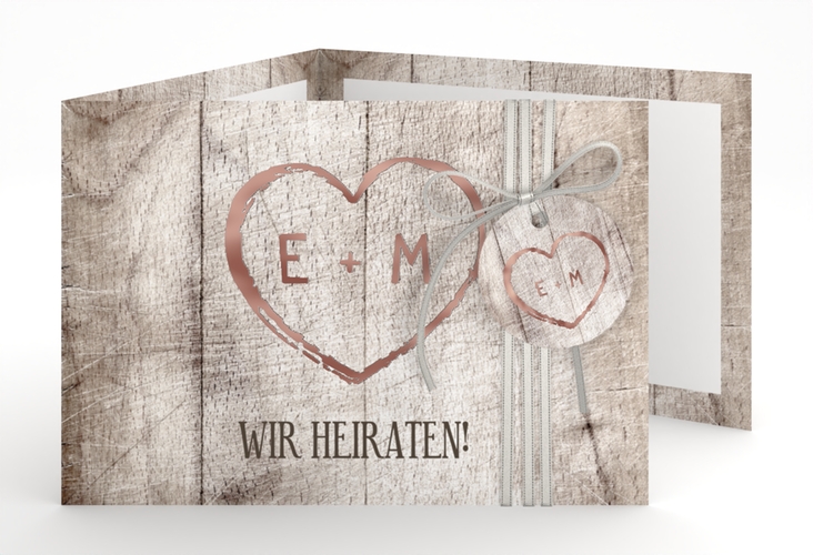 Hochzeitseinladung Wood A6 Doppel-Klappkarte weiss rosegold