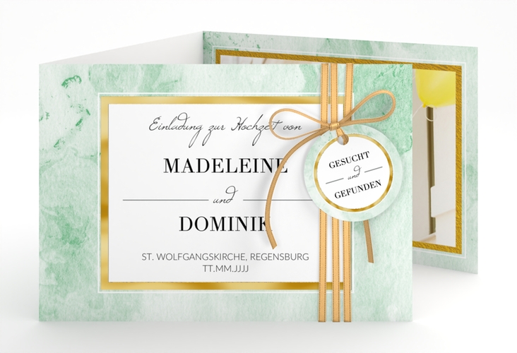 Hochzeitseinladung Marble A6 Doppel-Klappkarte gruen gold