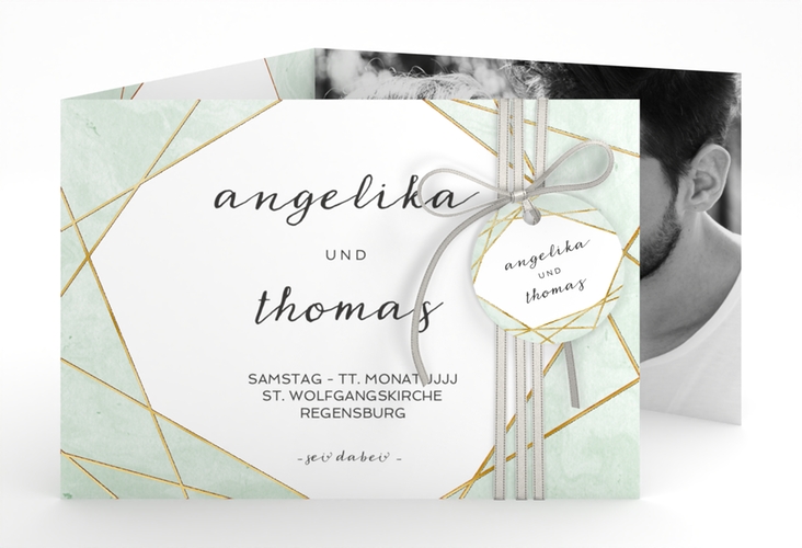 Hochzeitseinladung Asymmetry A6 Doppel-Klappkarte gruen gold