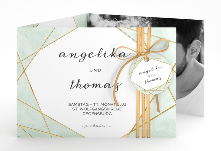 Hochzeitseinladung Asymmetry A6 Doppel-Klappkarte gruen gold