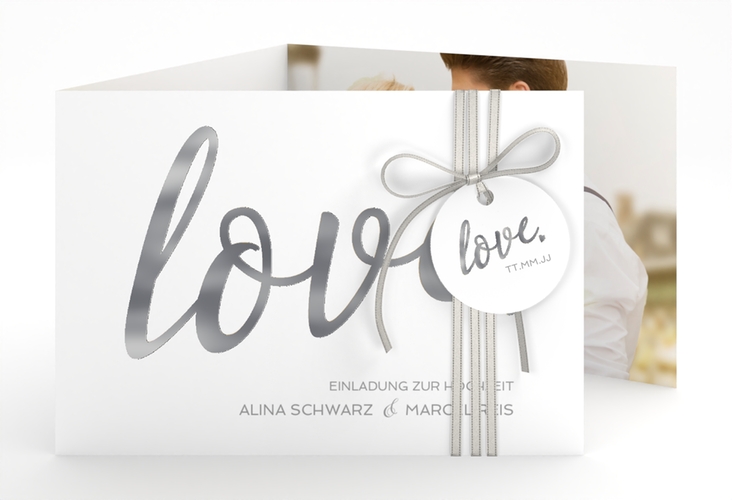 Hochzeitseinladung Glam A6 Doppel-Klappkarte weiss silber