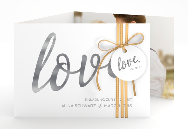 Hochzeitseinladung Glam A6 Doppel-Klappkarte weiss silber