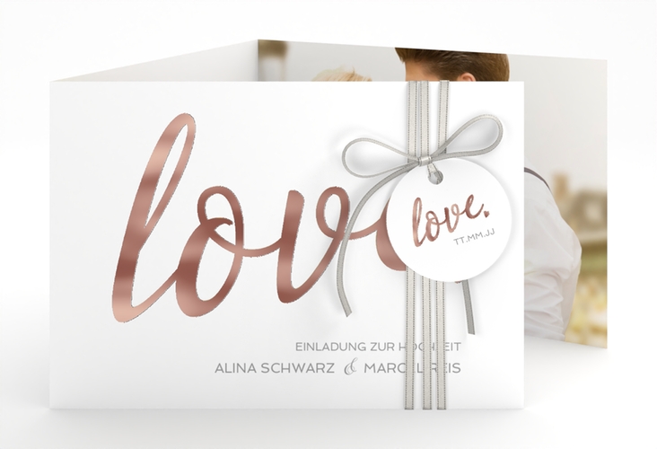 Hochzeitseinladung Glam A6 Doppel-Klappkarte weiss rosegold