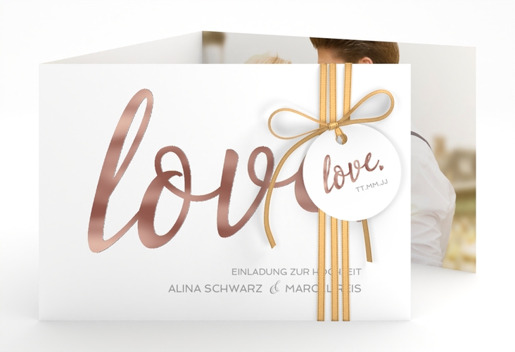 Hochzeitseinladung Glam A6 Doppel-Klappkarte weiss rosegold
