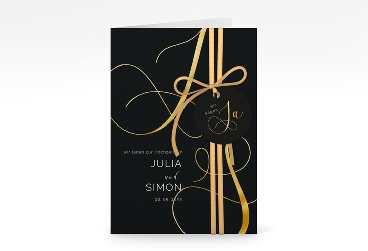 Hochzeitseinladung Eheschließung A6 Klappkarte hoch schwarz gold mit Gräsern und Trockenblumen für Boho-Hochzeit