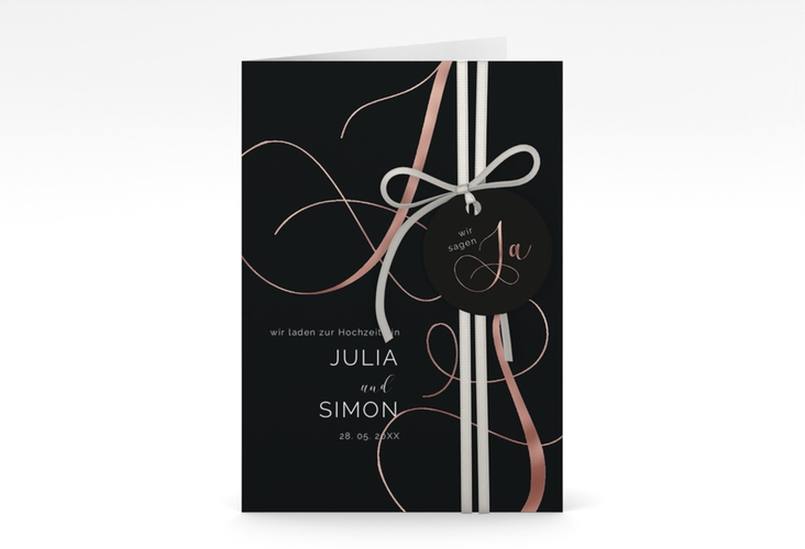 Hochzeitseinladung Eheschließung A6 Klappkarte hoch schwarz rosegold mit Gräsern und Trockenblumen für Boho-Hochzeit