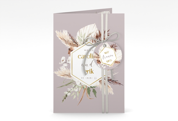Einladungskarte Hochzeit Bohemian A6 Klappkarte hoch flieder gold mit Gräsern und Trockenblumen für Boho-Hochzeit