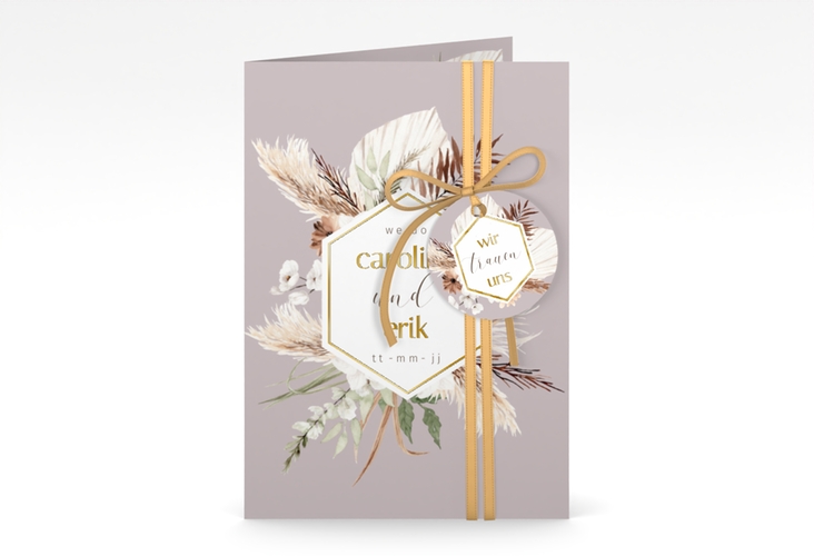 Einladungskarte Hochzeit Bohemian A6 Klappkarte hoch flieder gold mit Gräsern und Trockenblumen für Boho-Hochzeit