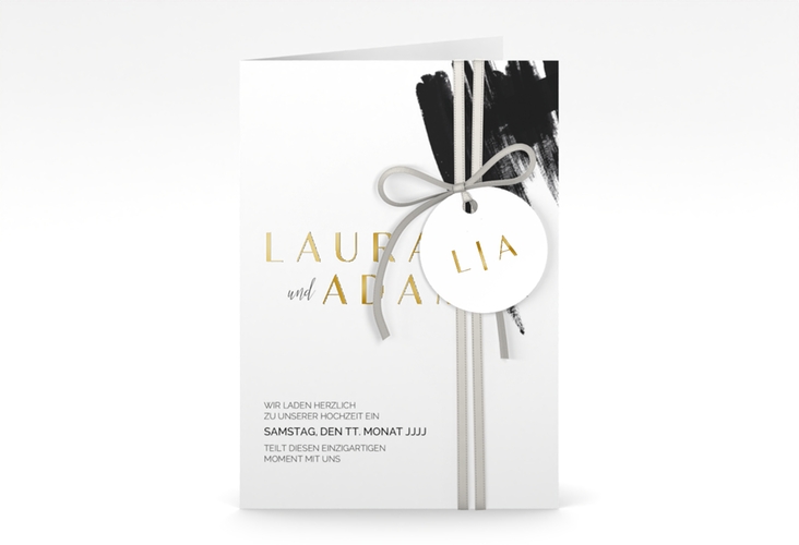 Einladungskarte Hochzeit Brush A6 Klappkarte hoch schwarz gold