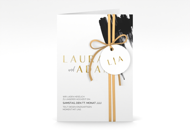 Einladungskarte Hochzeit Brush A6 Klappkarte hoch schwarz gold