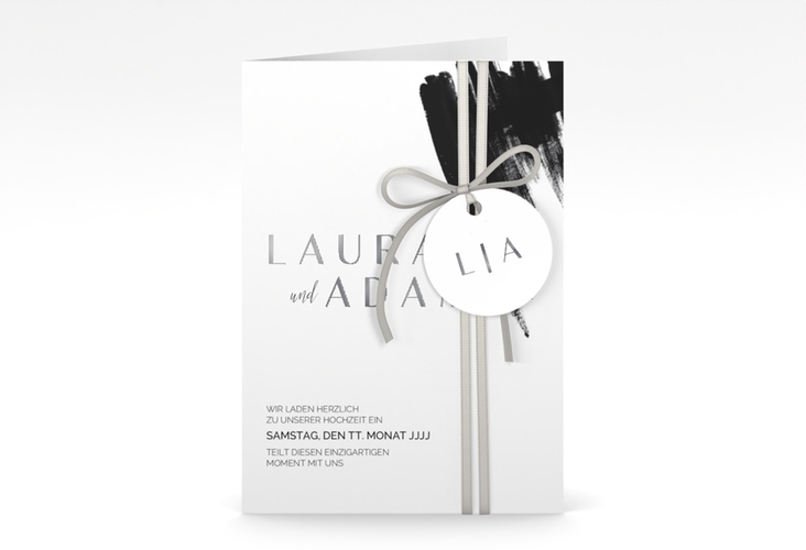 Einladungskarte Hochzeit Brush A6 Klappkarte hoch schwarz silber