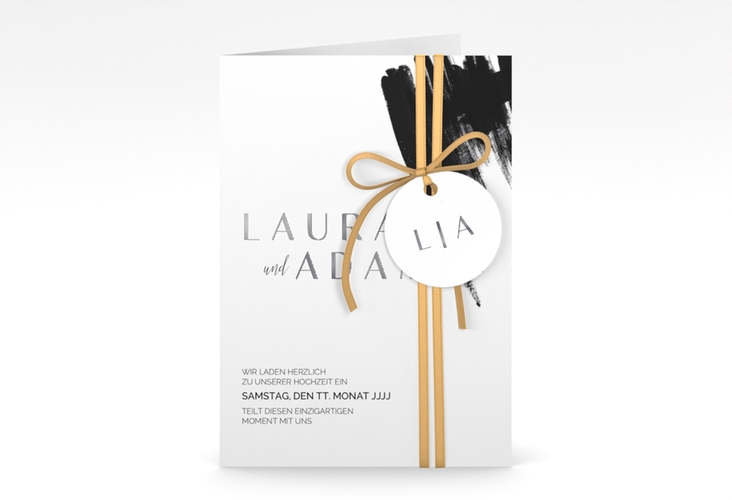 Einladungskarte Hochzeit Brush A6 Klappkarte hoch schwarz silber