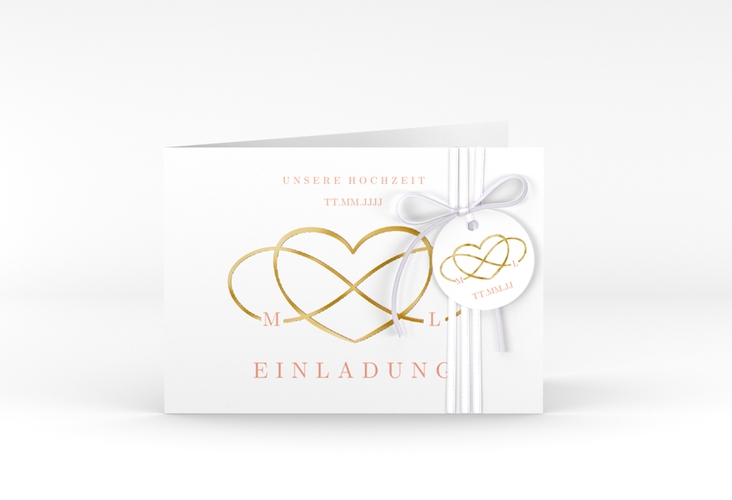 Hochzeitseinladung Infinity A6 Klappkarte quer apricot gold