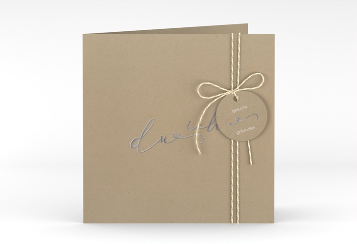 Hochzeitseinladung Zweisamkeit quadr. Klappkarte Kraftpapier silber im minimalistischen Stil mit Aufschrift du & ich