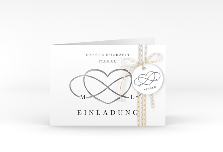 Hochzeitseinladung Infinity A6 Klappkarte quer schwarz silber