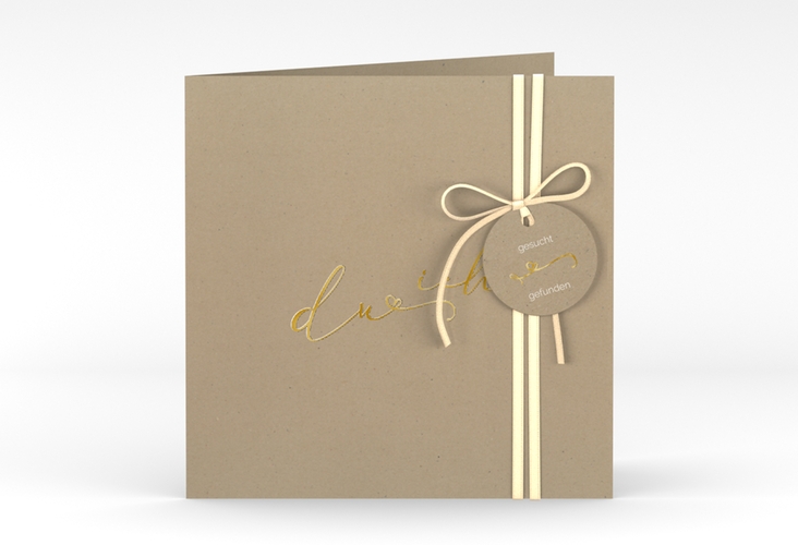Hochzeitseinladung Zweisamkeit quadr. Klappkarte Kraftpapier gold im minimalistischen Stil mit Aufschrift du & ich