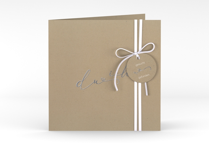 Hochzeitseinladung Zweisamkeit quadr. Klappkarte Kraftpapier silber im minimalistischen Stil mit Aufschrift du & ich