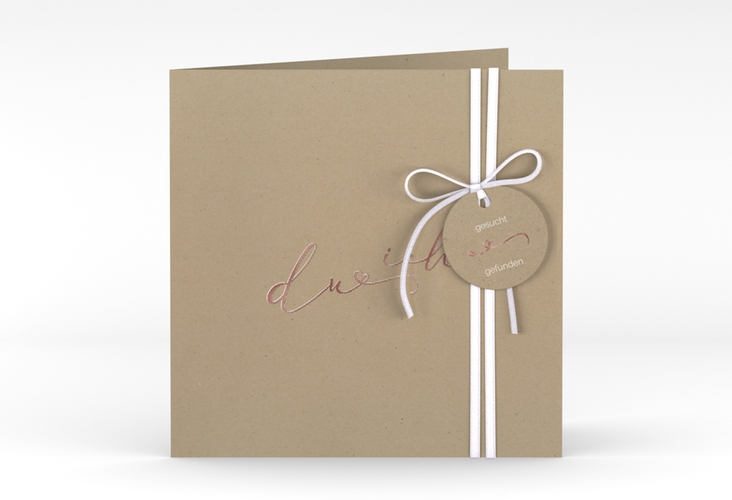 Hochzeitseinladung Zweisamkeit quadr. Klappkarte Kraftpapier rosegold im minimalistischen Stil mit Aufschrift du & ich