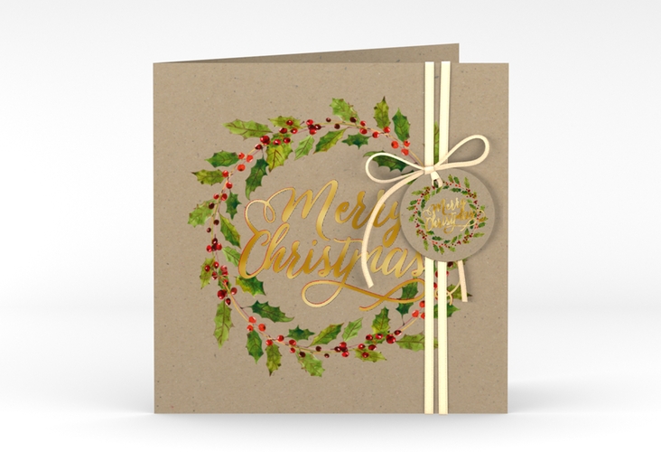 Weihnachtskarte Weihnachtskranz quadr. Klappkarte Kraftpapier gold mit Kranz aus Stechpalme