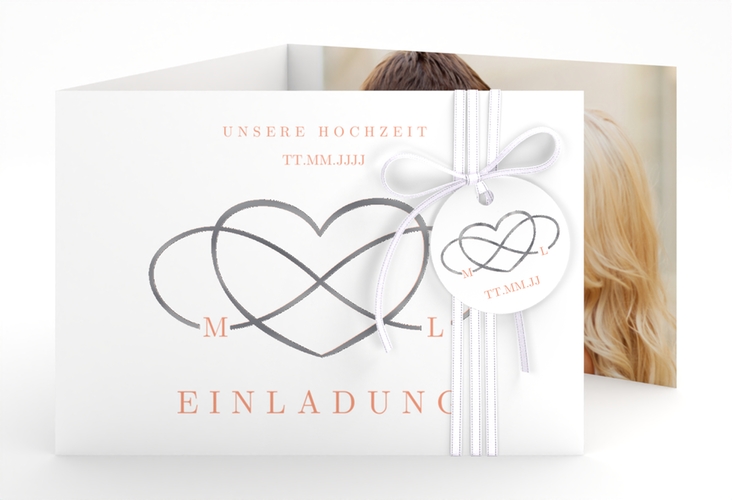 Hochzeitseinladung Infinity A6 Doppel-Klappkarte apricot silber
