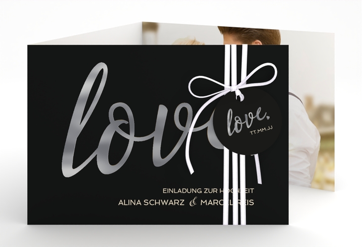 Hochzeitseinladung Glam A6 Doppel-Klappkarte schwarz silber