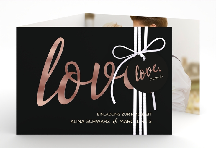 Hochzeitseinladung Glam A6 Doppel-Klappkarte schwarz rosegold