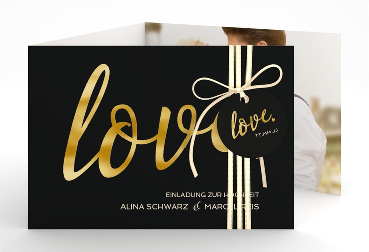 Hochzeitseinladung Glam A6 Doppel-Klappkarte schwarz gold
