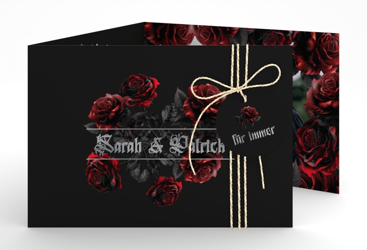 Hochzeitseinladung Gothic Rose A6 Doppel-Klappkarte schwarz silber