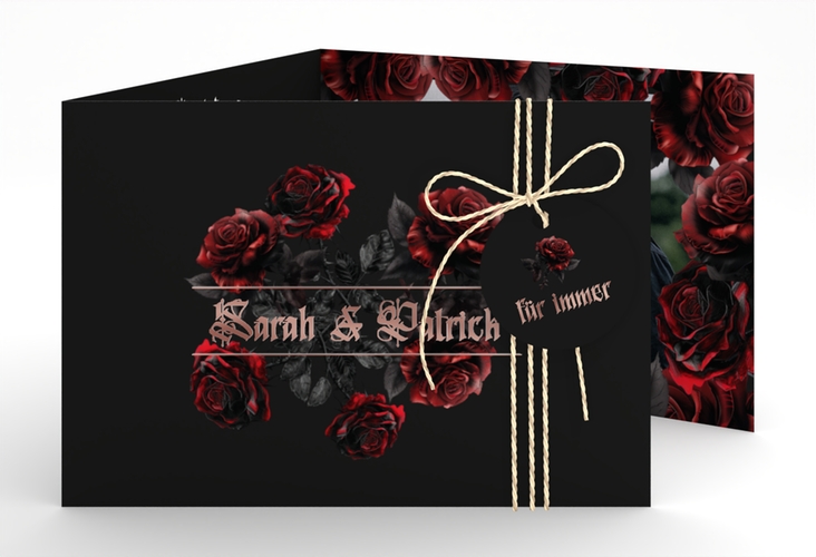 Hochzeitseinladung Gothic Rose A6 Doppel-Klappkarte schwarz rosegold