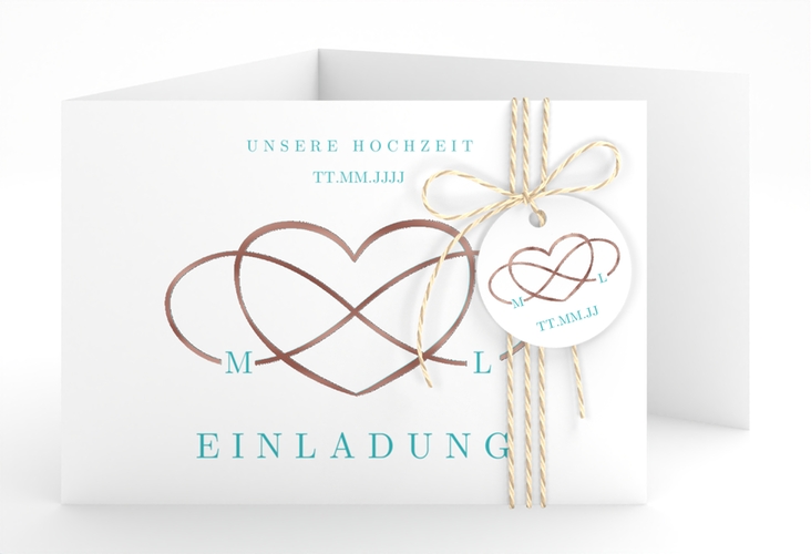 Hochzeitseinladung Infinity A6 Doppel-Klappkarte tuerkis rosegold