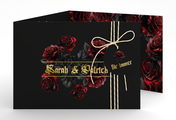 Hochzeitseinladung Gothic Rose A6 Doppel-Klappkarte schwarz gold