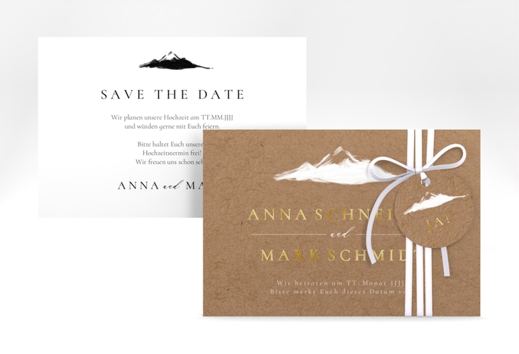 Save the Date-Karte Berghochzeit A6 Karte quer gold mit Berg-Motiv