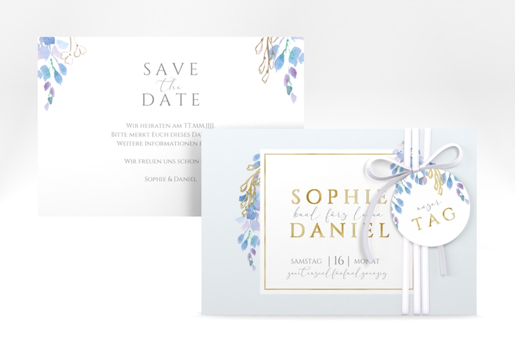 Save the Date-Karte Blauregen A6 Karte quer gold mit Wisteria-Blüten