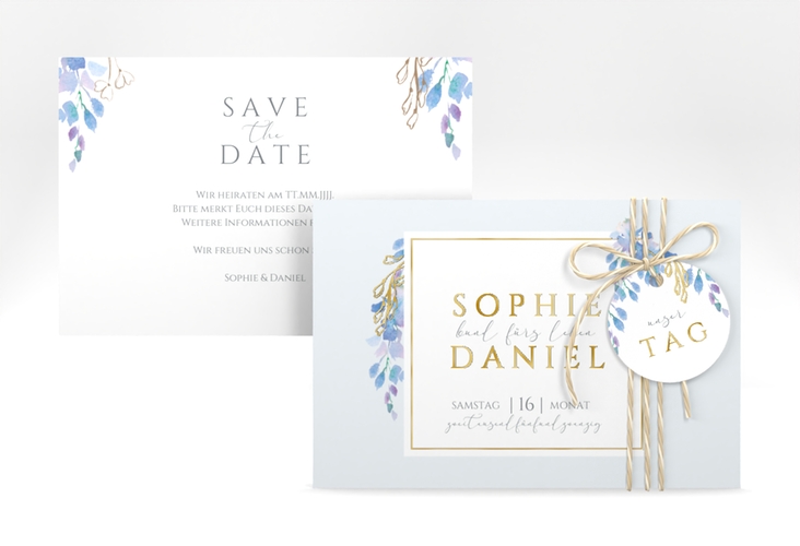 Save the Date-Karte Blauregen A6 Karte quer gold mit Wisteria-Blüten