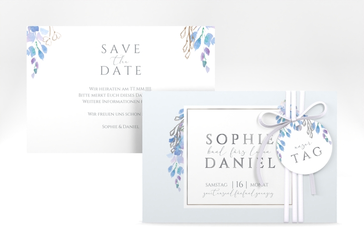 Save the Date-Karte Blauregen A6 Karte quer silber mit Wisteria-Blüten