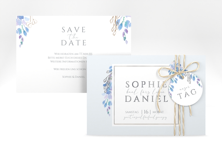 Save the Date-Karte Blauregen A6 Karte quer silber mit Wisteria-Blüten