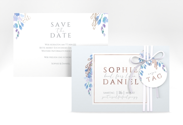 Save the Date-Karte Blauregen A6 Karte quer rosegold mit Wisteria-Blüten