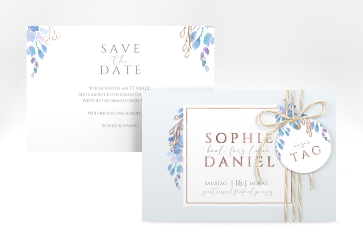Save the Date-Karte Blauregen A6 Karte quer rosegold mit Wisteria-Blüten