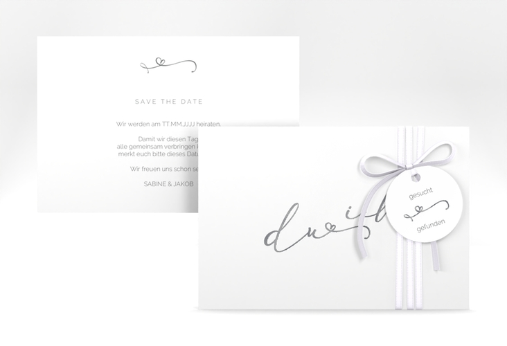 Save the Date-Karte Zweisamkeit A6 Karte quer silber im minimalistischen Stil mit Aufschrift du & ich